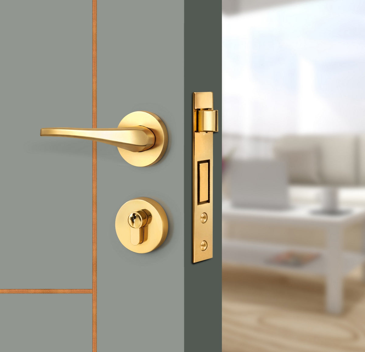 Slate Gray Interior Door Slab - Scala 4 Concave Design in Copper Pearl epoxy, angled view