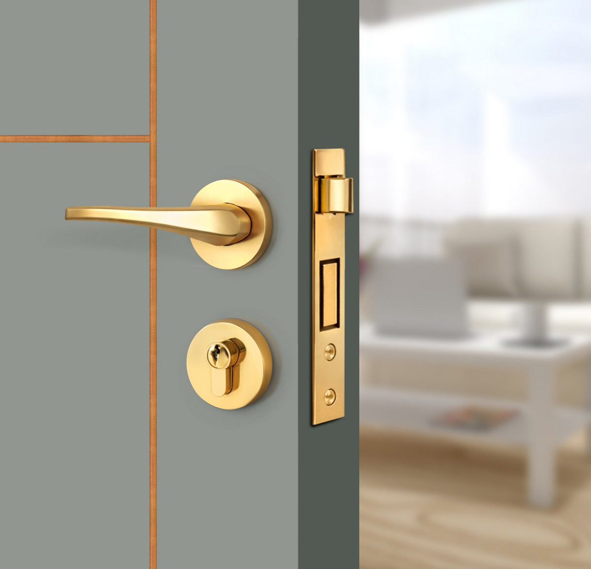 Slate Gray Interior Door Slab - Scala 1 Concave Design in Copper Pearl epoxy, angled view