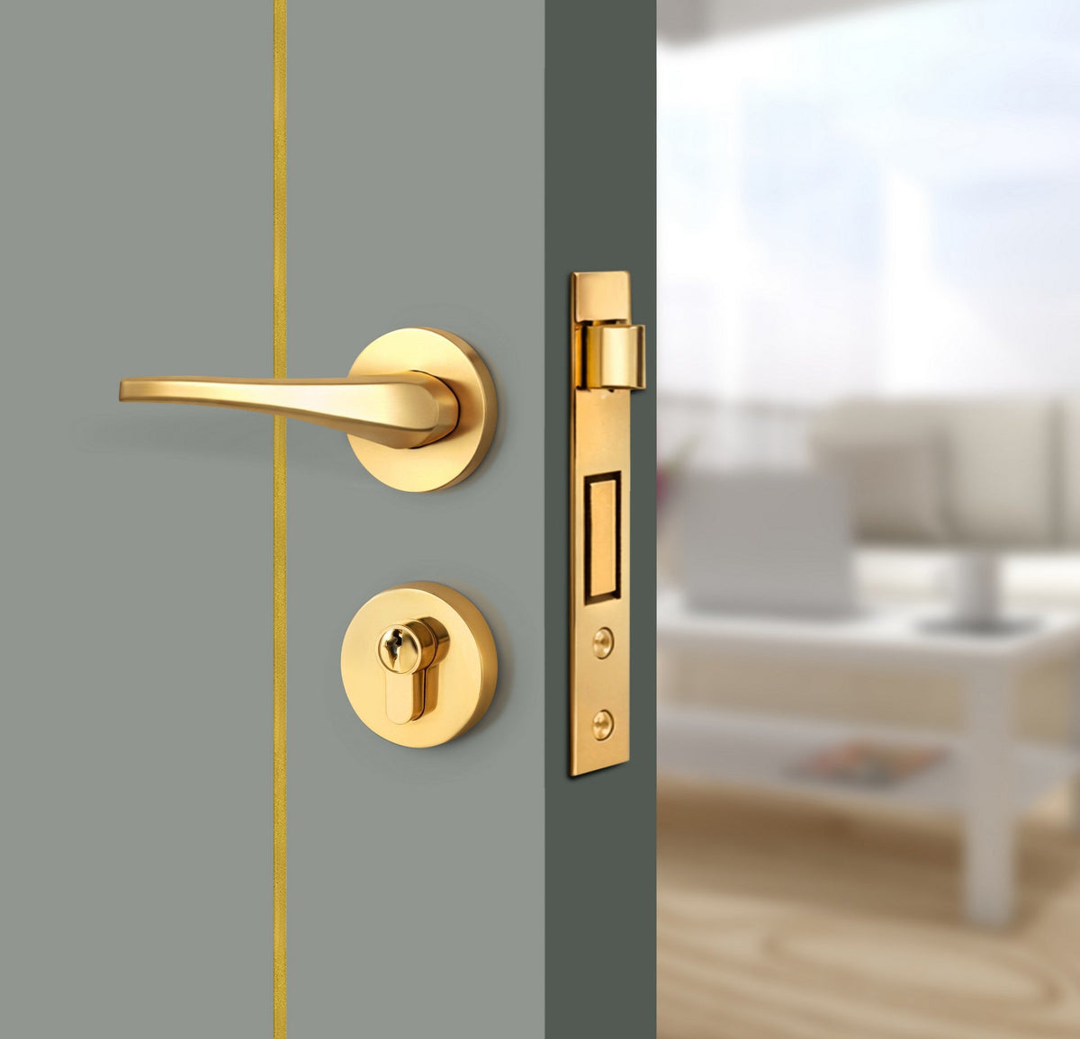 Slate Gray Interior Door Slab - Axis 2 Concave Design in Solar Gold epoxy, angled view