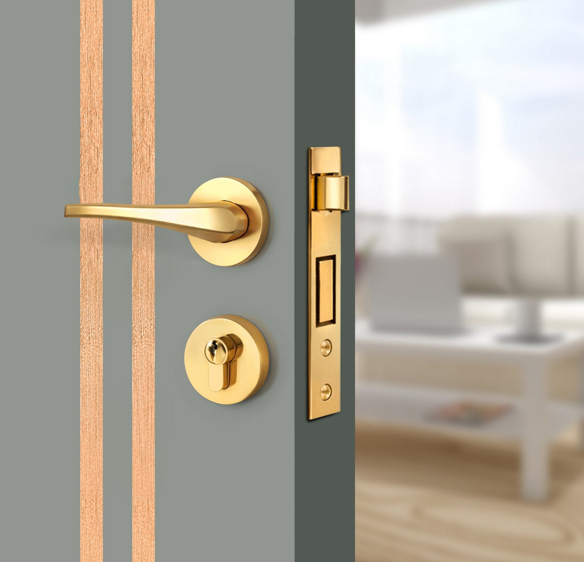 Slate Gray Interior Door Slab - Aliyah 2L Inlay Design in Brushed Rose Gold epoxy, angled view