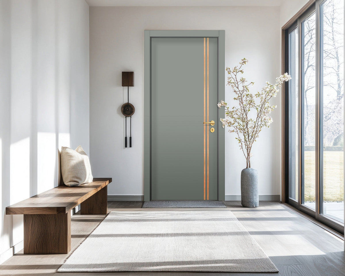Slate Gray Interior Door Slab - Aliyah 2L Inlay Design in Brushed Rose Gold epoxy, detail view