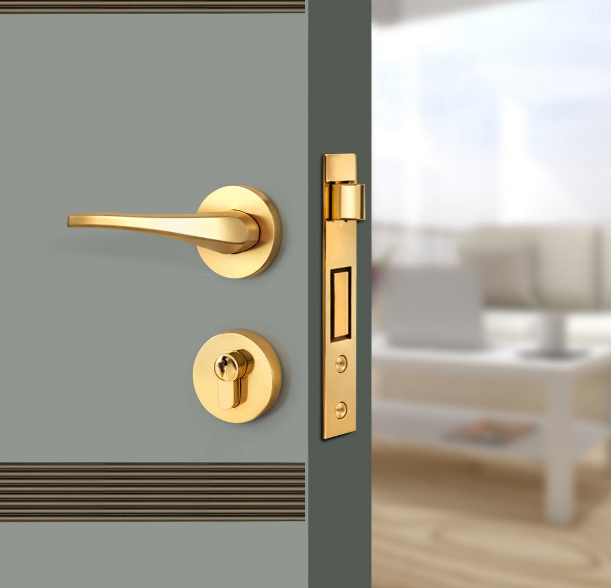 Slate Gray Interior Door Slab - Elevar 2N Inlay Design in Bronze epoxy, angled view