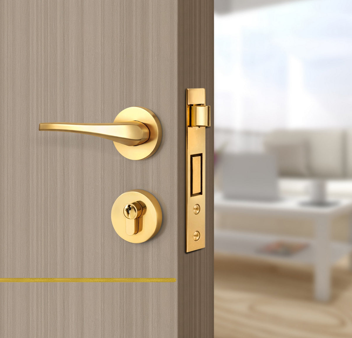 Smoked Oak Stripe Interior Door Slab - Elevar 2N Concave Design in Solar Gold epoxy, angled view