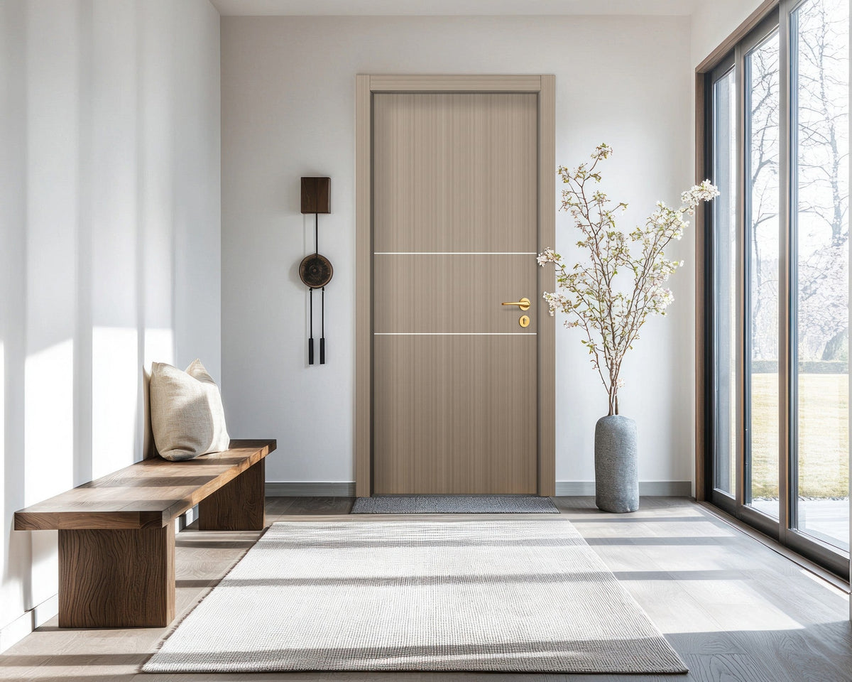 Smoked Oak Stripe Interior Double Door Slabs - Elevar 2N Concave Design in Bright White epoxy, detail view