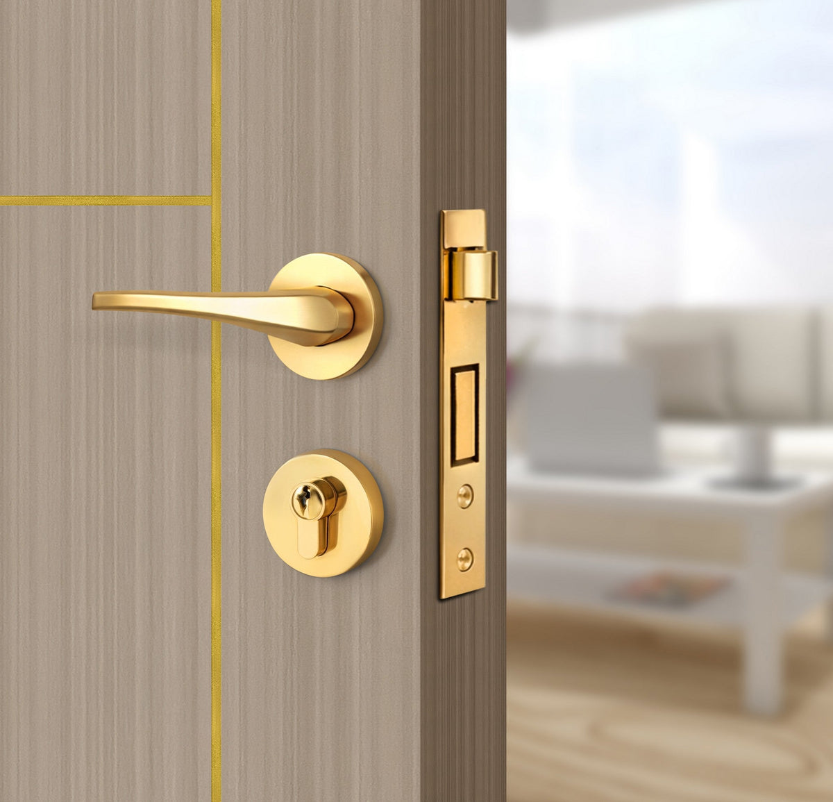 Smoked Oak Stripe Interior Door Slab - Scala 3 Concave Design in Solar Gold epoxy, angled view