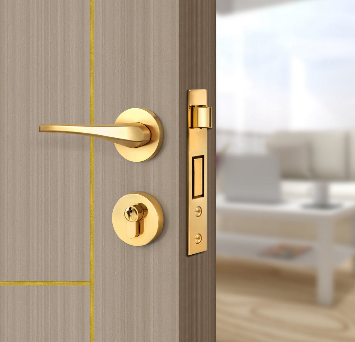 Smoked Oak Stripe Interior Door Slab - Scala 4 Concave Design in Solar Gold epoxy, angled view