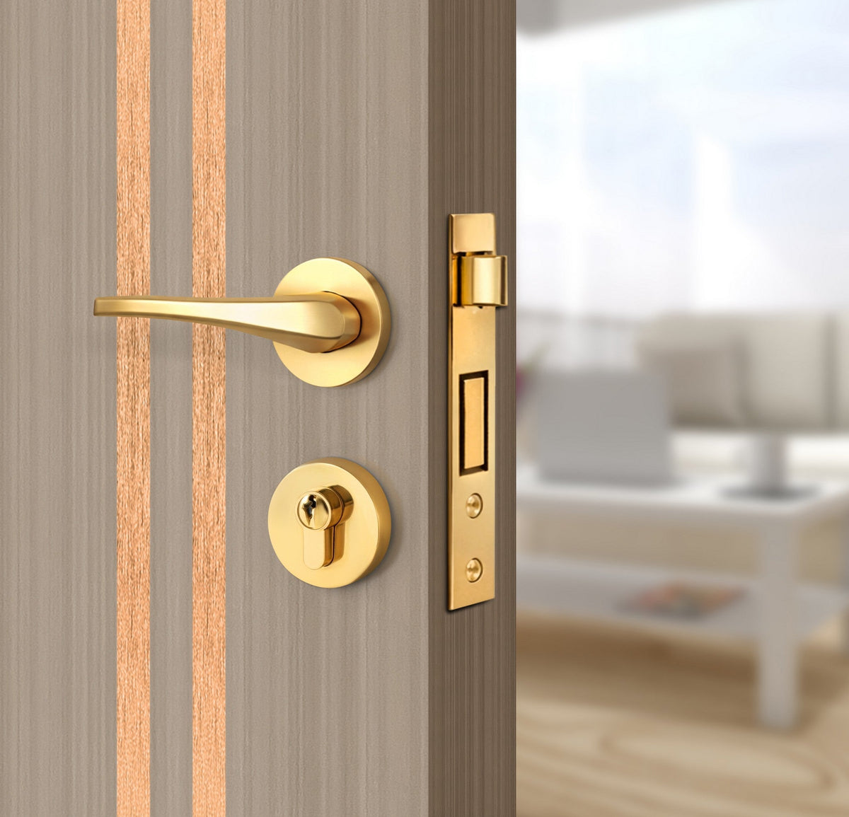 Smoked Oak Stripe Interior Door Slab - Aliyah 2L Inlay Design in Brushed Rose Gold epoxy, angled view