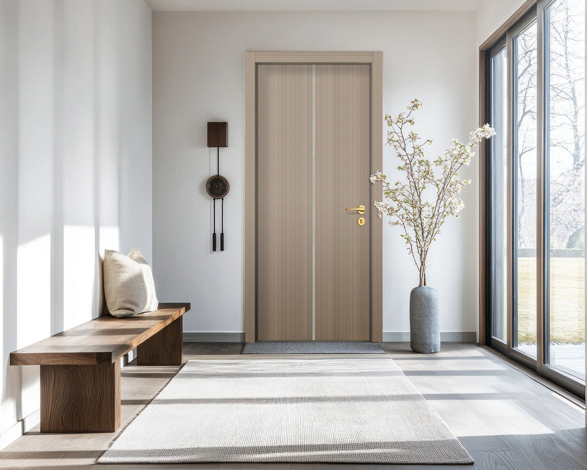Smoked Oak Stripe Interior Double Door Slabs - Aliyah 1C Inlay Design in Satin Silver epoxy, detail view