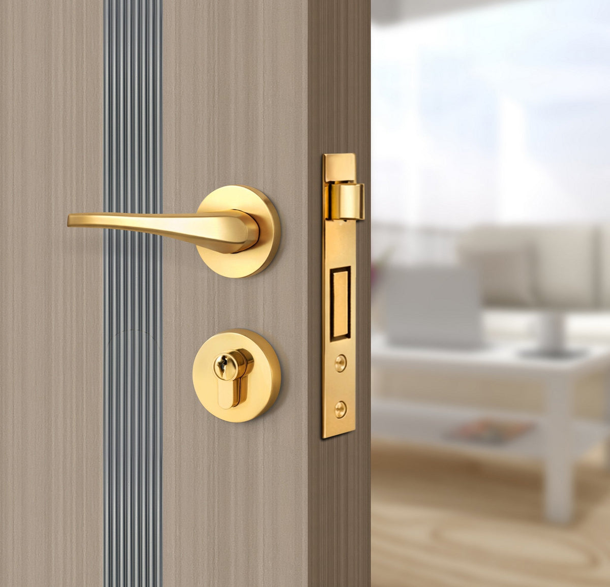 Smoked Oak Stripe Interior Double Door Slabs - Aliyah 2 Inlay Design in Gray epoxy, angled view