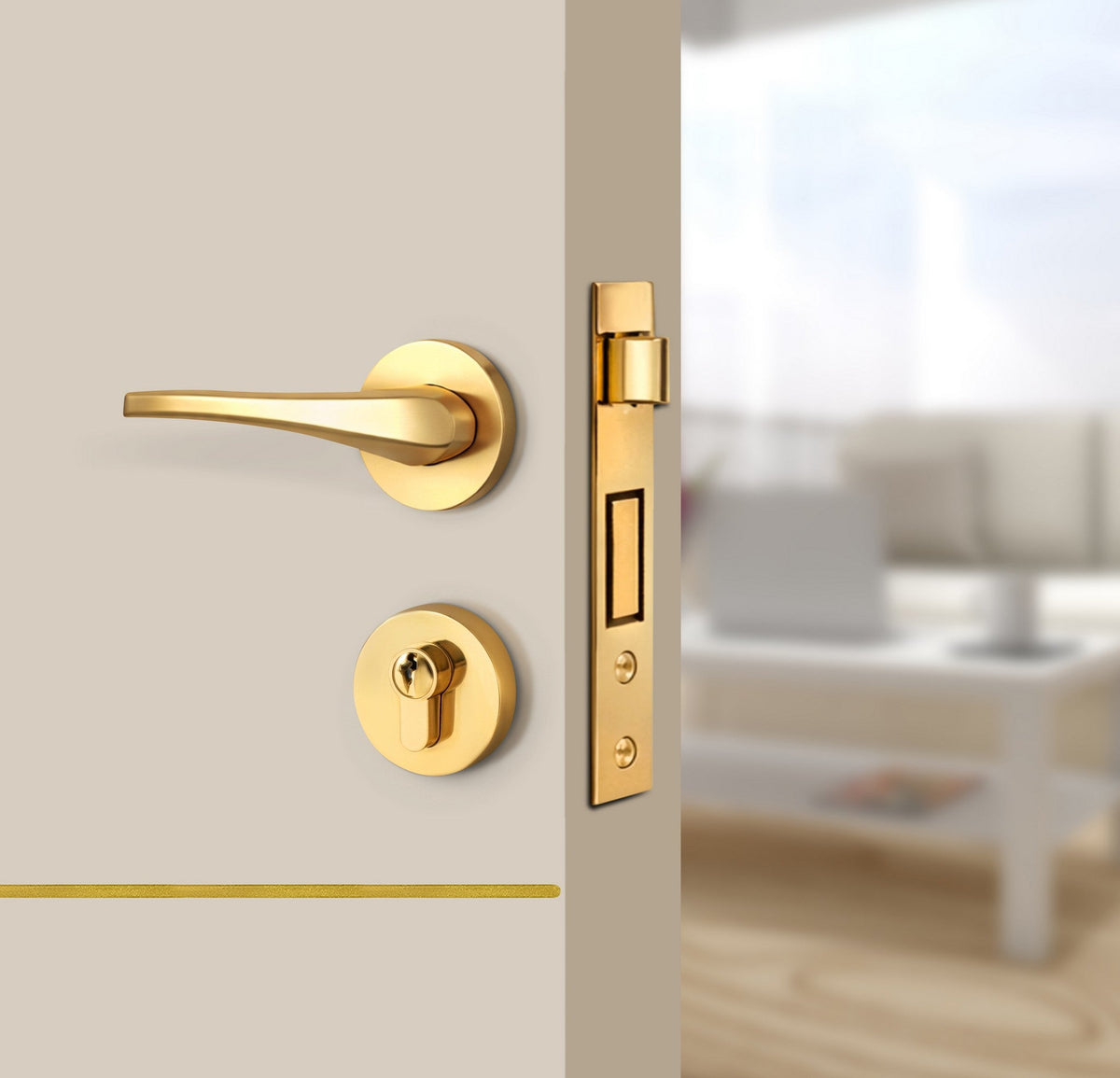 Stone Beige Interior Door Slab - Elevar 4 Concave Design in Solar Gold epoxy, angled view