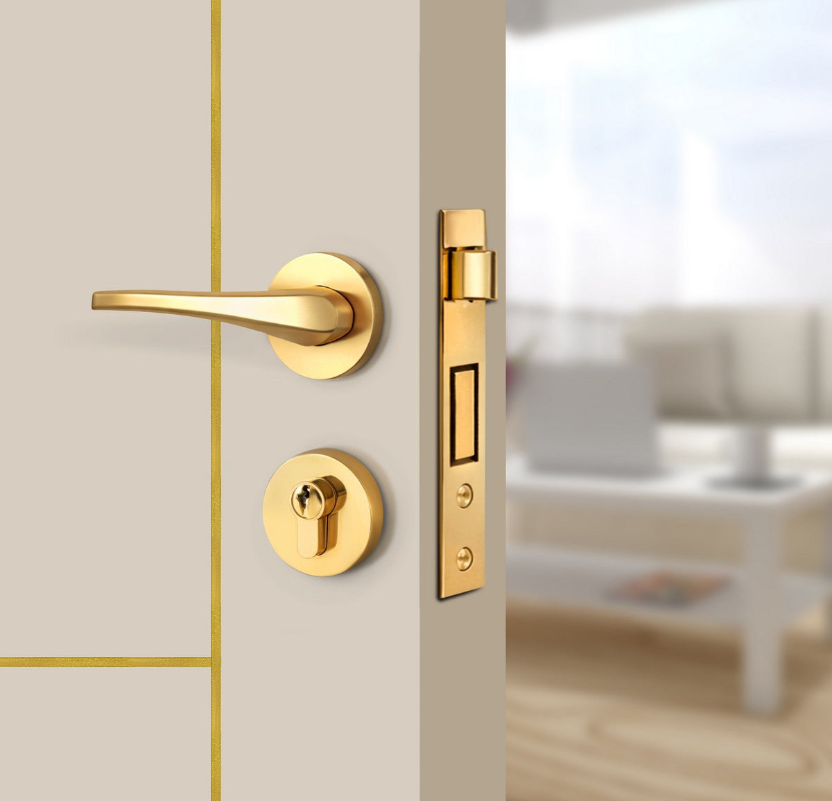 Stone Beige Interior Door Slab - Scala 4 Concave Design in Solar Gold epoxy, angled view
