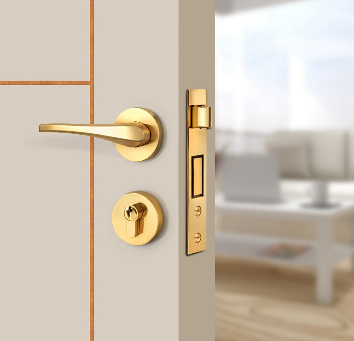 Stone Beige Interior Door Slab - Scala 1 Concave Design in Copper Pearl epoxy, angled view