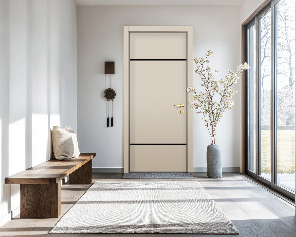 Stone Beige Interior Double Door Slabs - Elevar 2W Inlay Design in Glossy Black epoxy, detail view