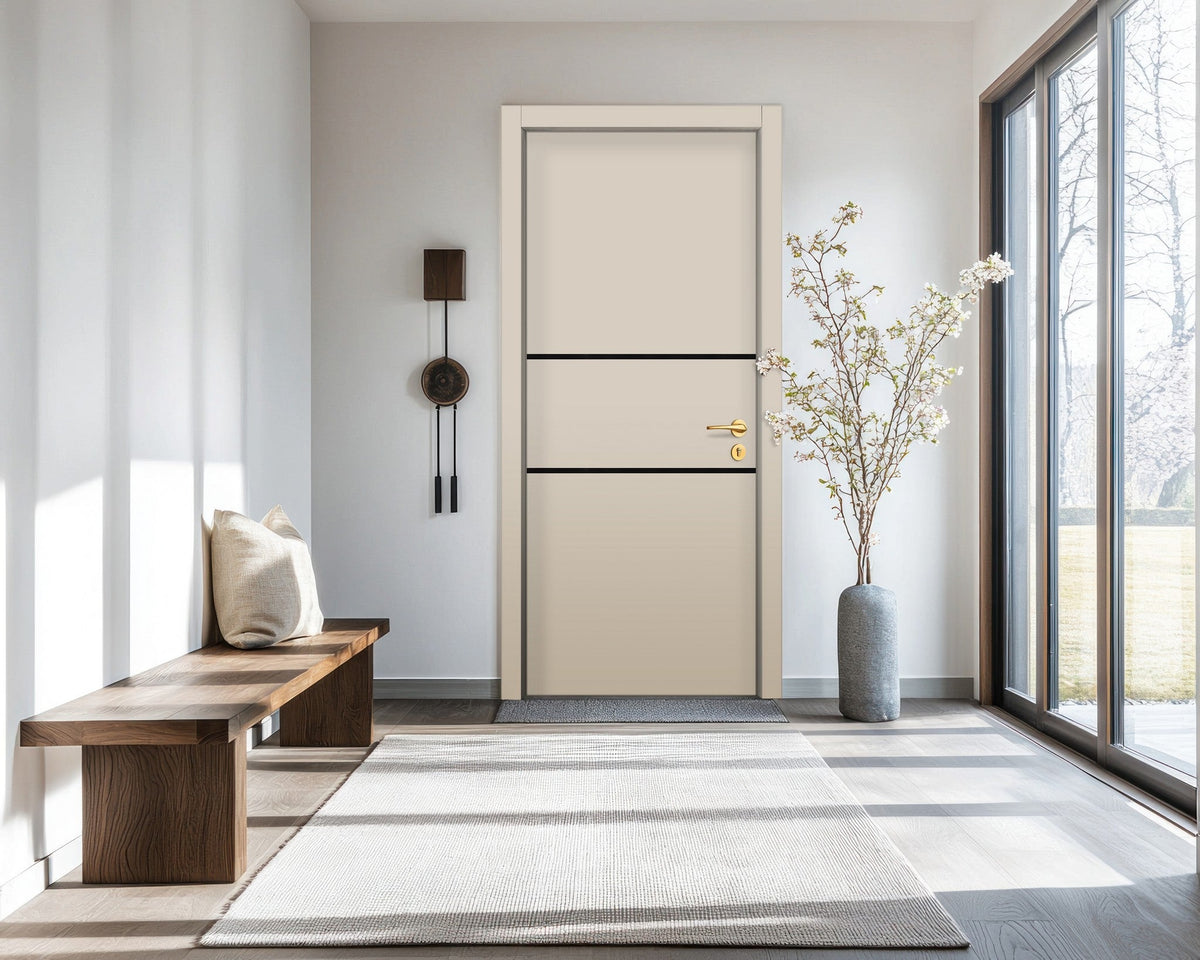 Stone Beige Interior Door Slab - Elevar 2N Inlay Design in Glossy Black epoxy, detail view