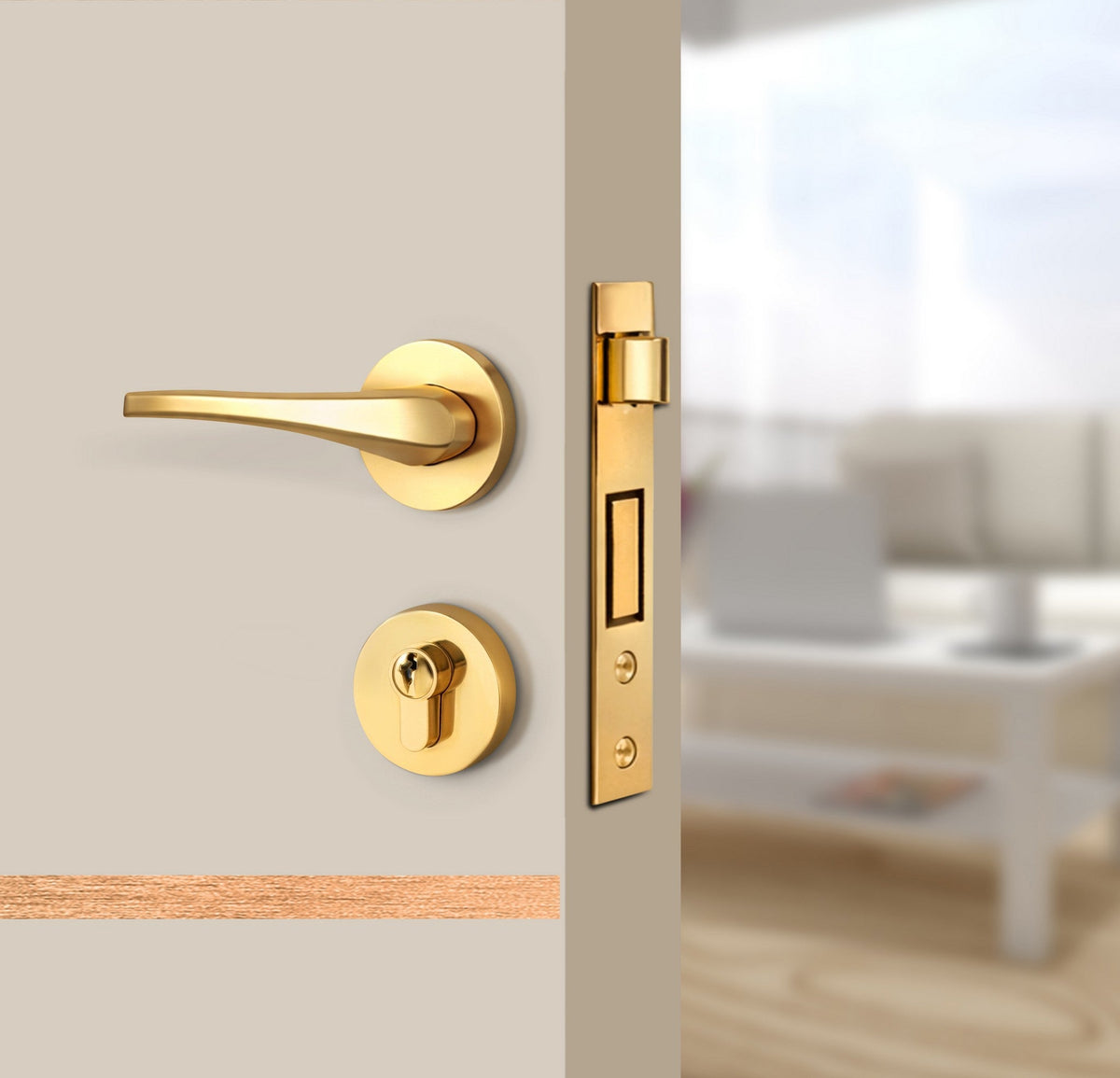 Stone Beige Interior Double Door Slabs - Elevar 4 Inlay Design in Brushed Rose Gold epoxy, angled view