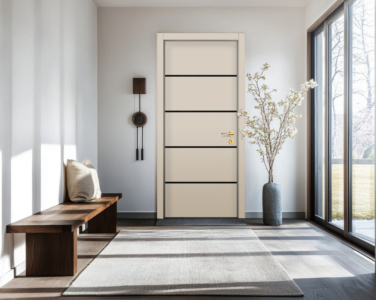 Stone Beige Interior Double Door Slabs - Elevar 4 Inlay Design in Glossy Black epoxy, detail view