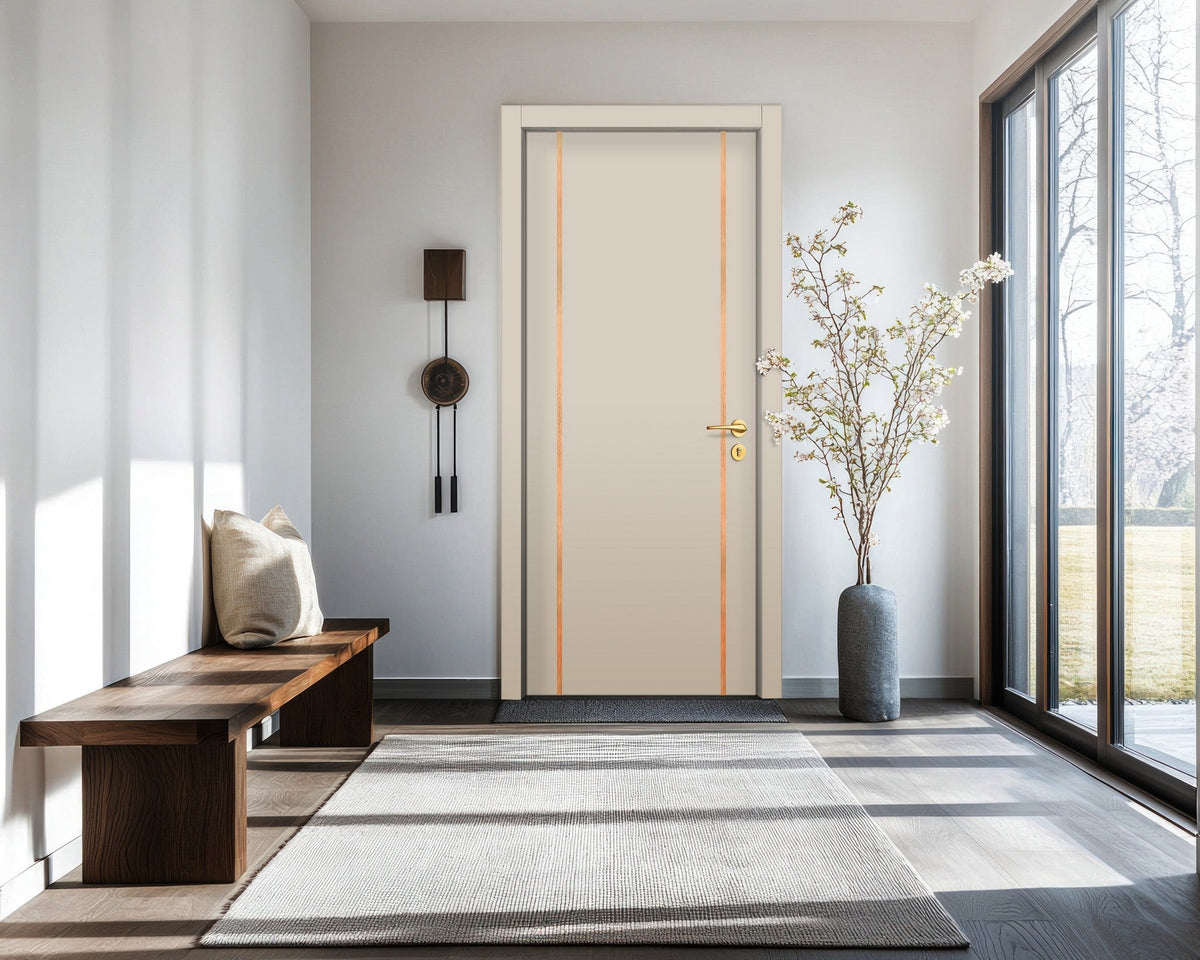 Stone Beige Interior Double Door Slabs - Aliyah 2 Inlay Design in Brushed Rose Gold epoxy, detail view
