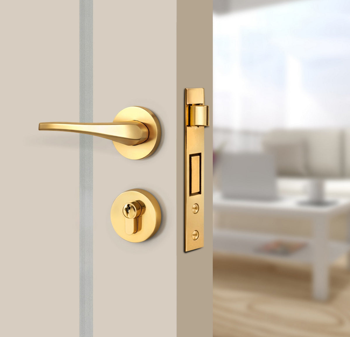 Stone Beige Interior Door Slab - Aliyah 2 Inlay Design in Satin Silver epoxy, angled view