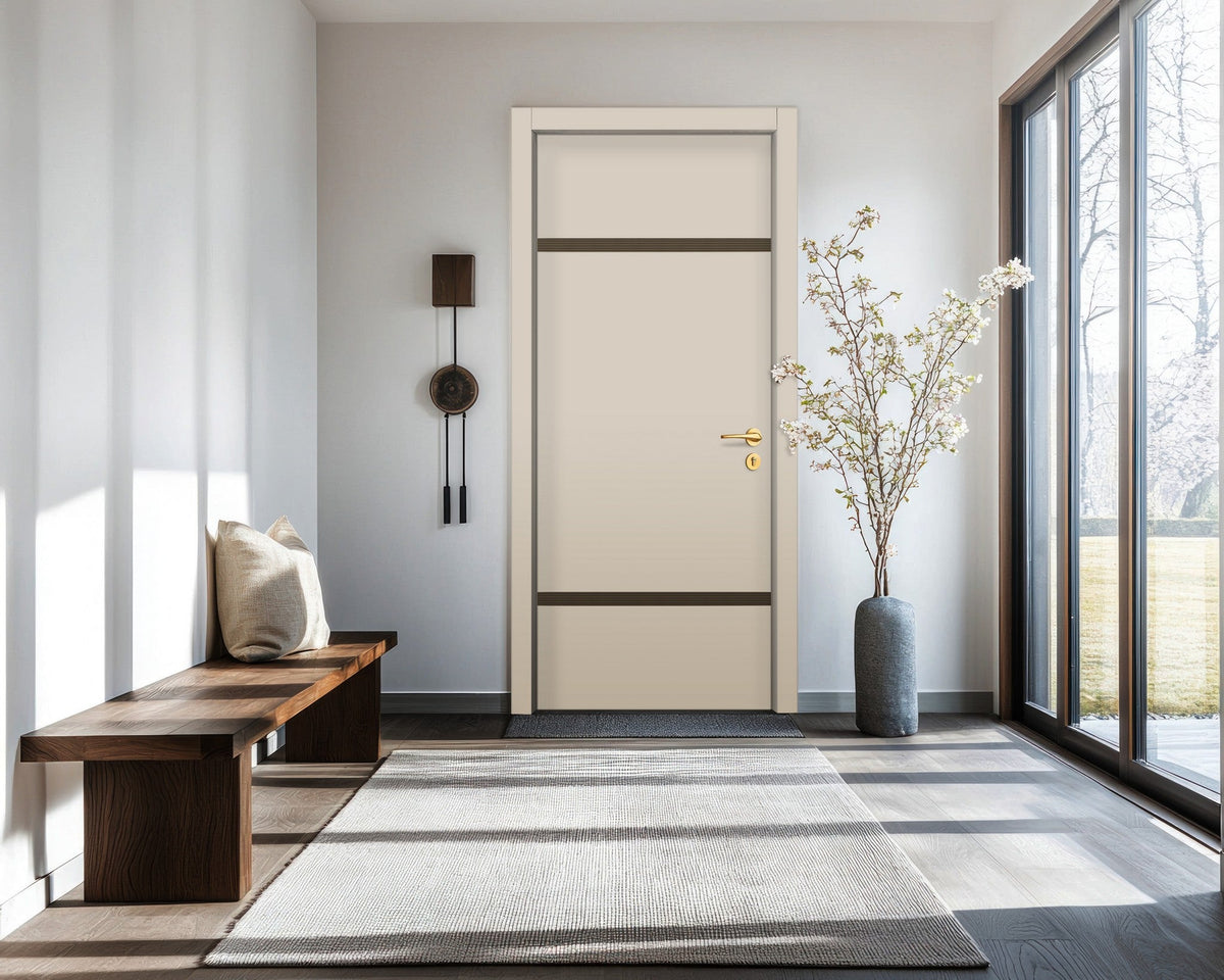Stone Beige Interior Double Door Slabs - Elevar 2W Inlay Design in Bronze epoxy, detail view