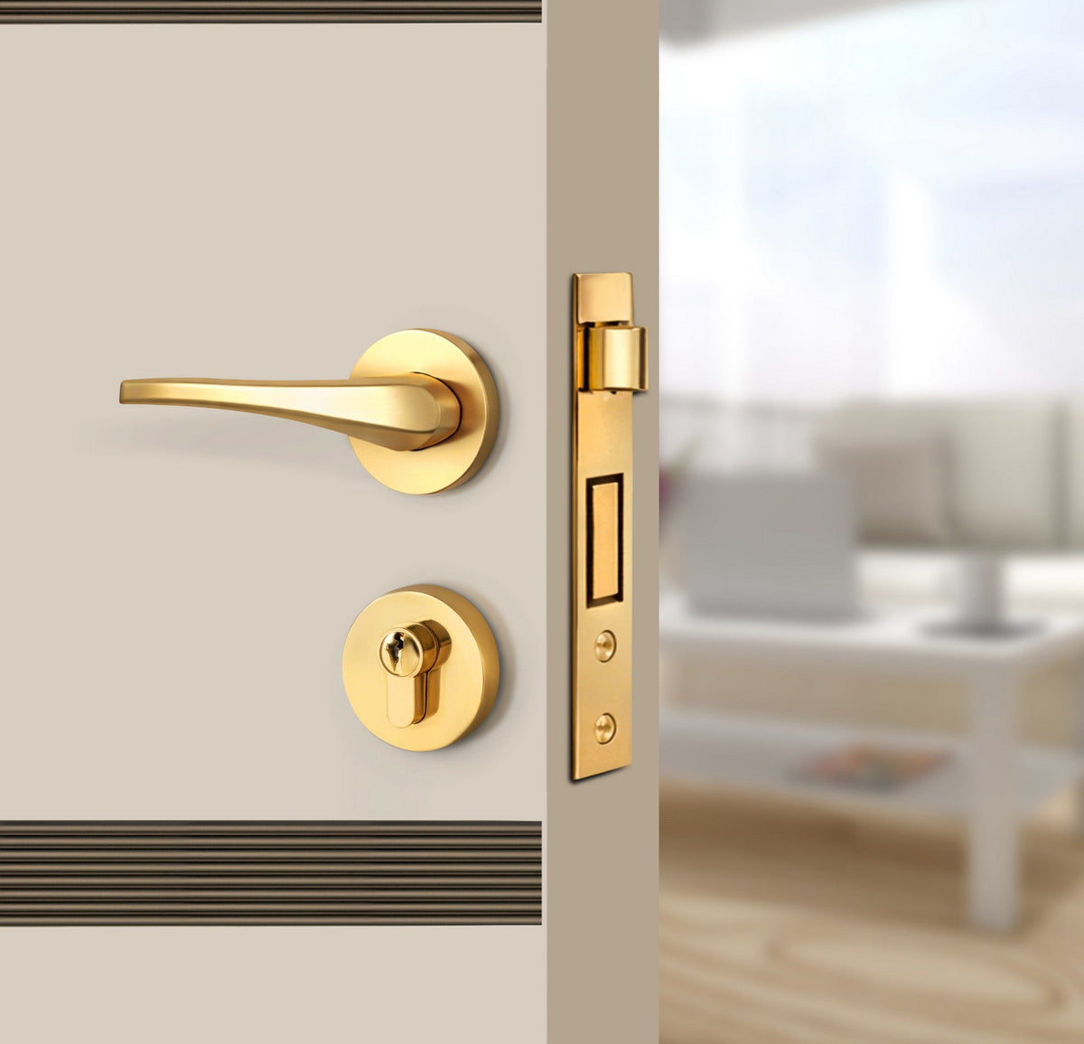 Stone Beige Interior Double Door Slabs - Elevar 2N Inlay Design in Bronze epoxy, angled view