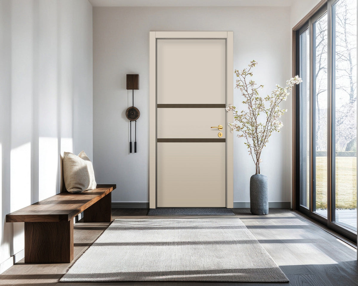 Stone Beige Interior Double Door Slabs - Elevar 2N Inlay Design in Bronze epoxy, detail view