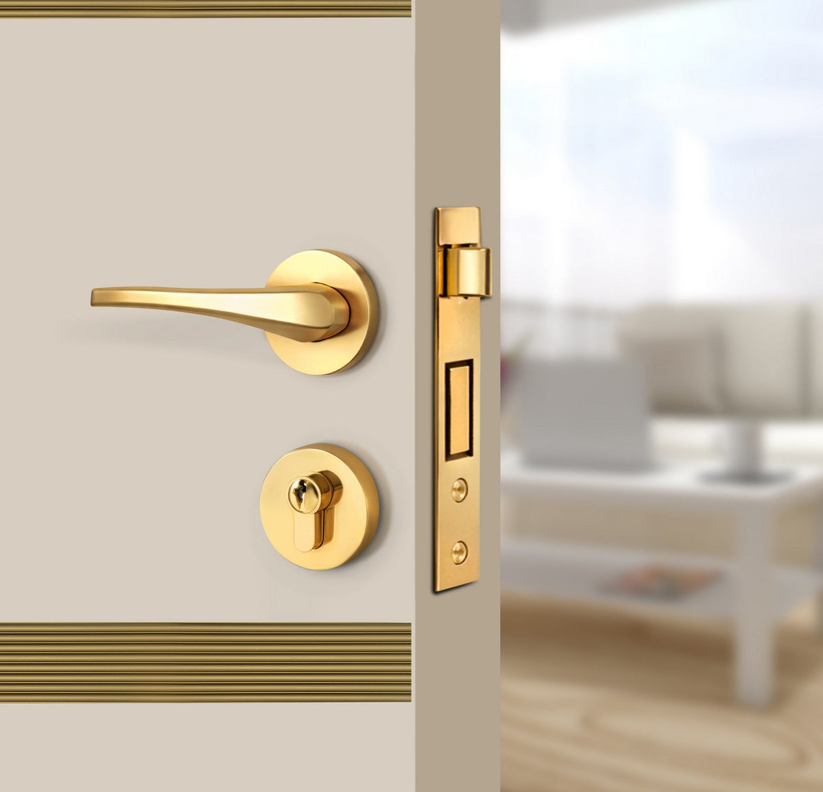 Stone Beige Interior Double Door Slabs - Elevar 2N Inlay Design in Gold epoxy, angled view