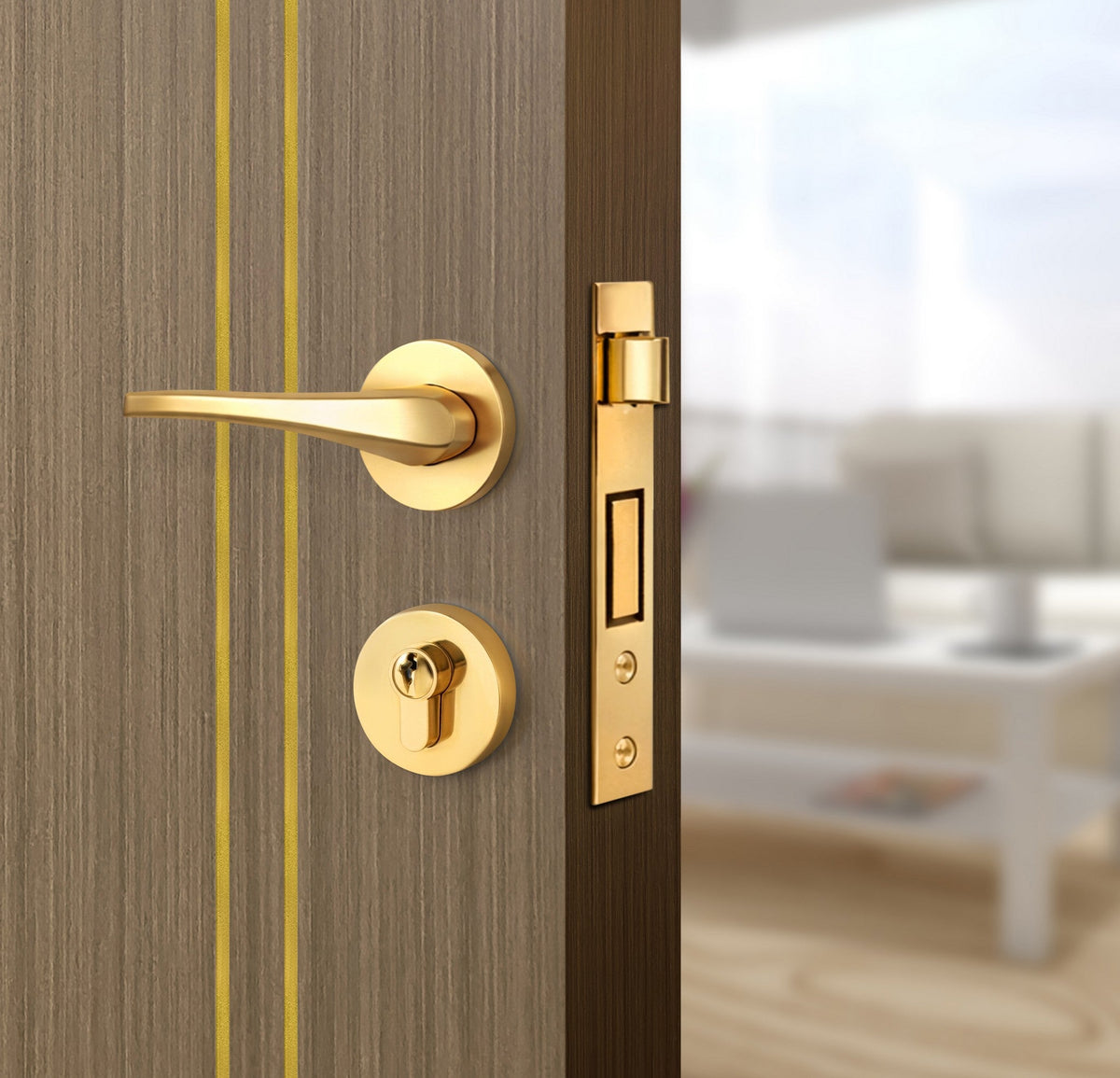 Toasted Walnut Interior Door Slab - Aliyah 2L Concave Design in Solar Gold epoxy, angled view