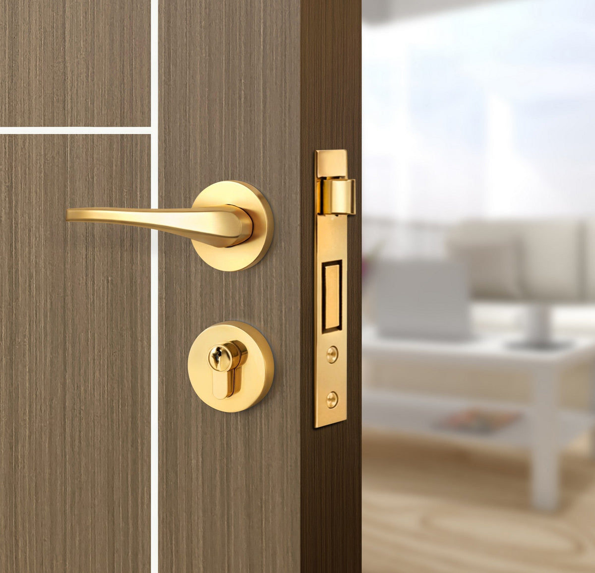 Toasted Walnut Interior Door Slab - Scala 3 Concave Design in Bright White epoxy, angled view