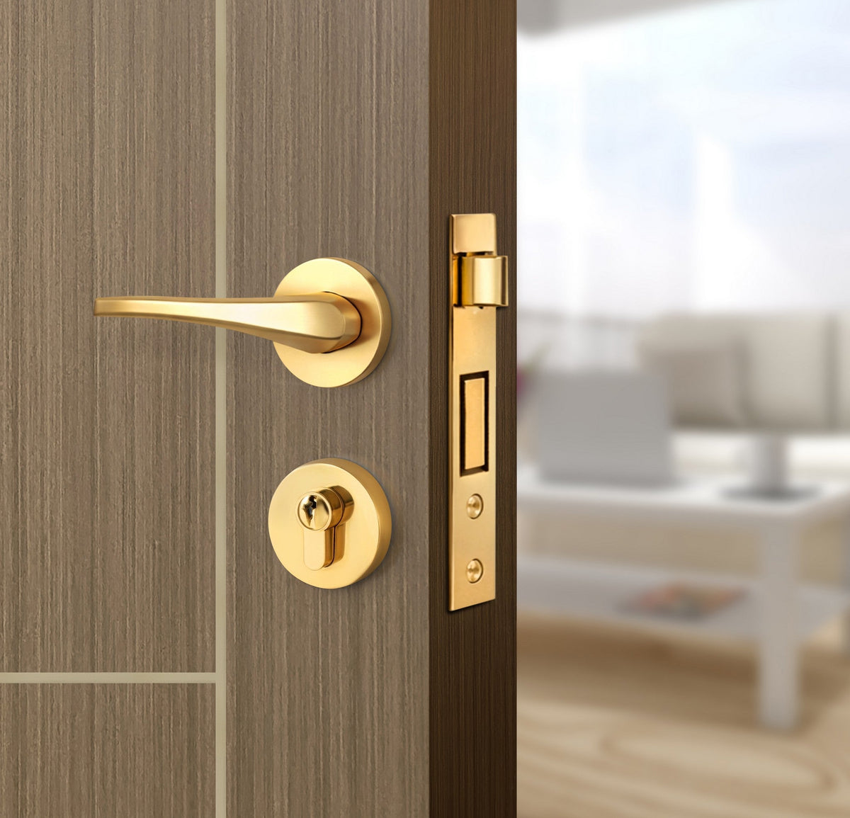 Toasted Walnut Interior Door Slab - Scala 4 Concave Design in Almond Cream epoxy, angled view