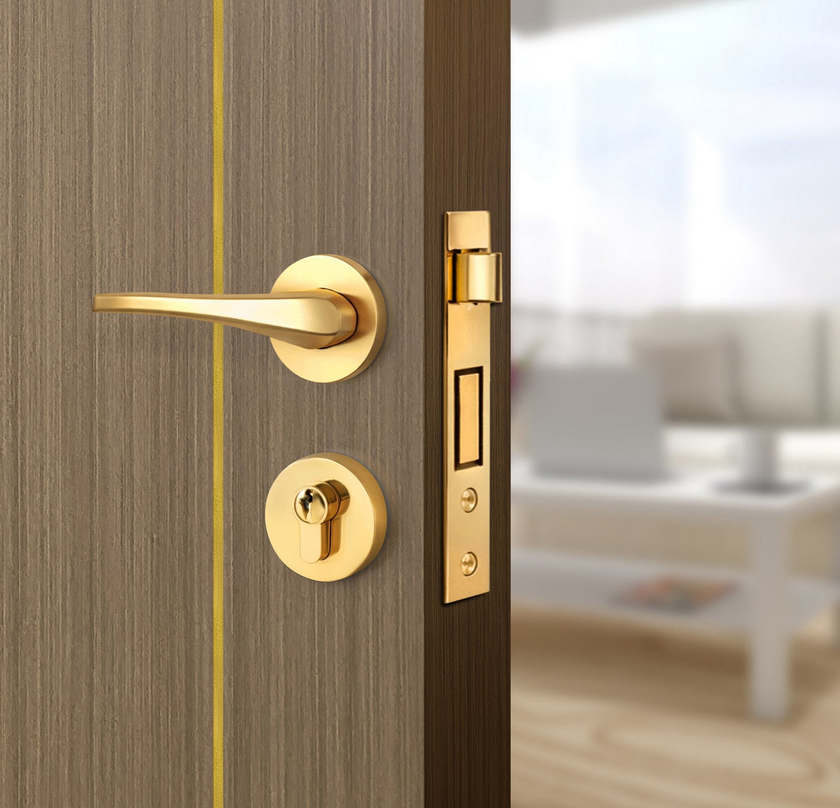 Toasted Walnut Interior Door Slab - Axis 2 Concave Design in Solar Gold epoxy, angled view