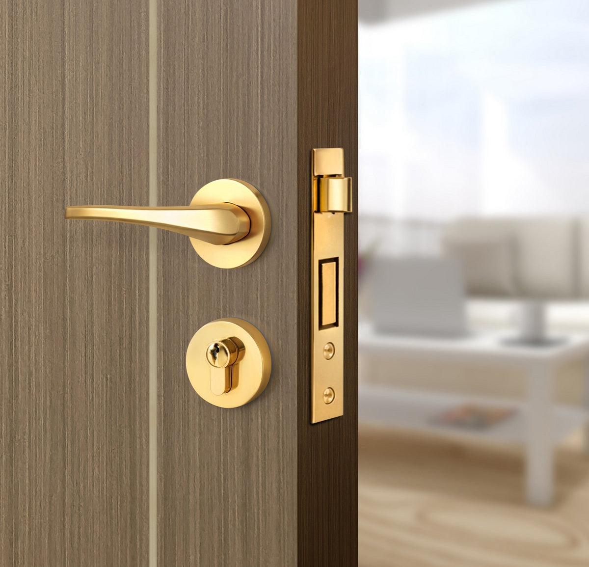 Toasted Walnut Interior Door Slab - Axis 2 Concave Design in Almond Cream epoxy, angled view