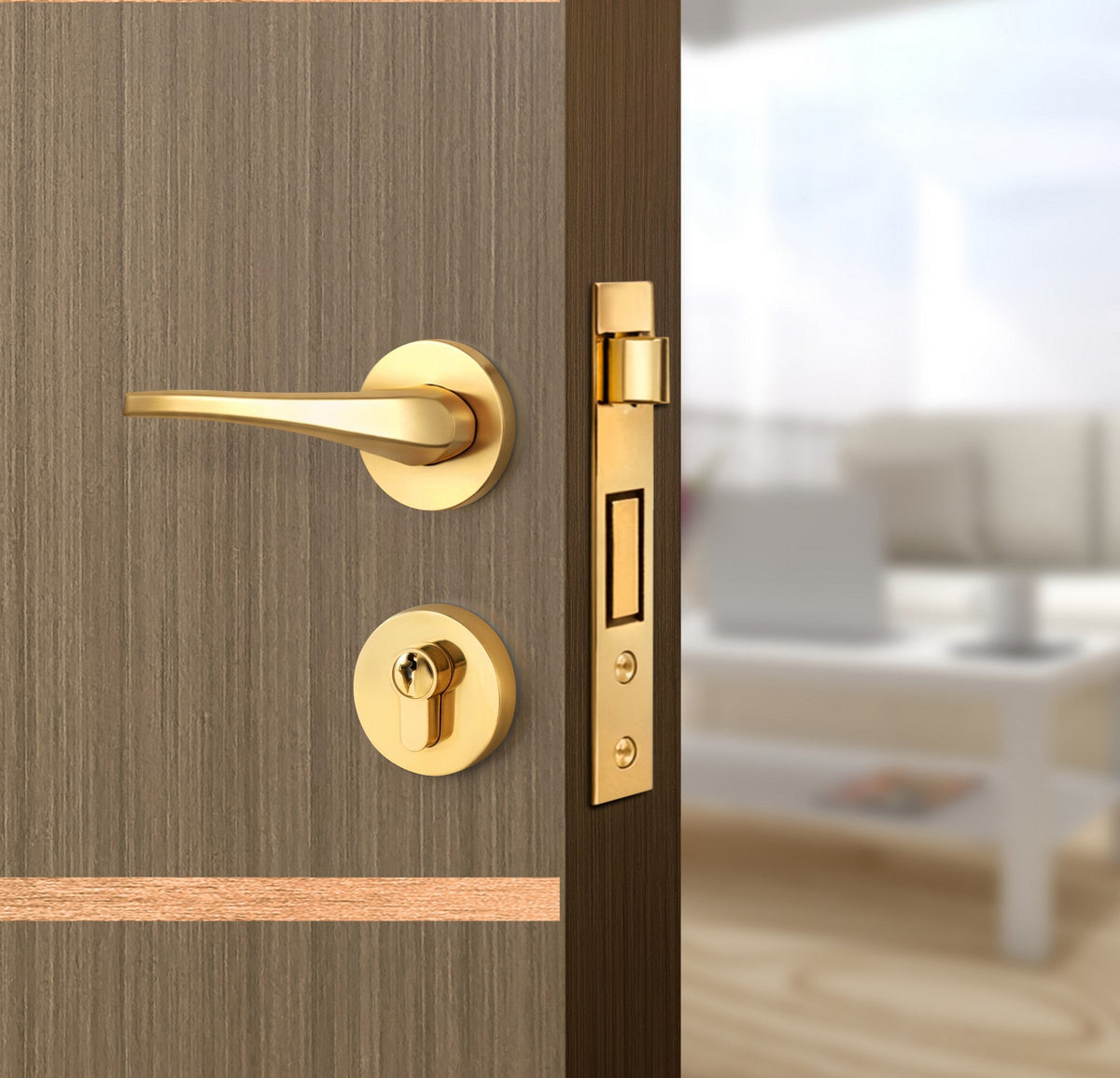 Toasted Walnut Interior Door Slab - Elevar 2N Inlay Design in Brushed Rose Gold epoxy, angled view