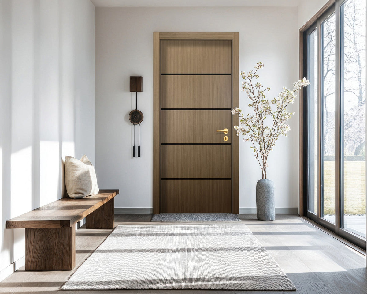 Toasted Walnut Interior Double Door Slabs - Elevar 4 Inlay Design in Glossy Black epoxy, detail view