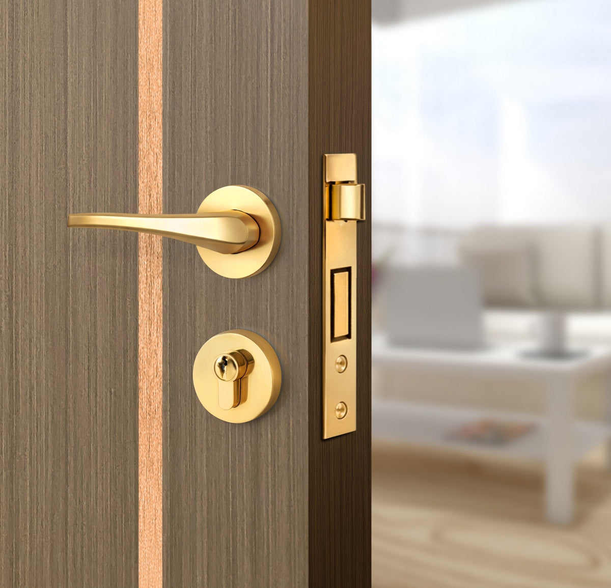 Toasted Walnut Interior Double Door Slabs - Aliyah 1L Inlay Design in Brushed Rose Gold epoxy, angled view