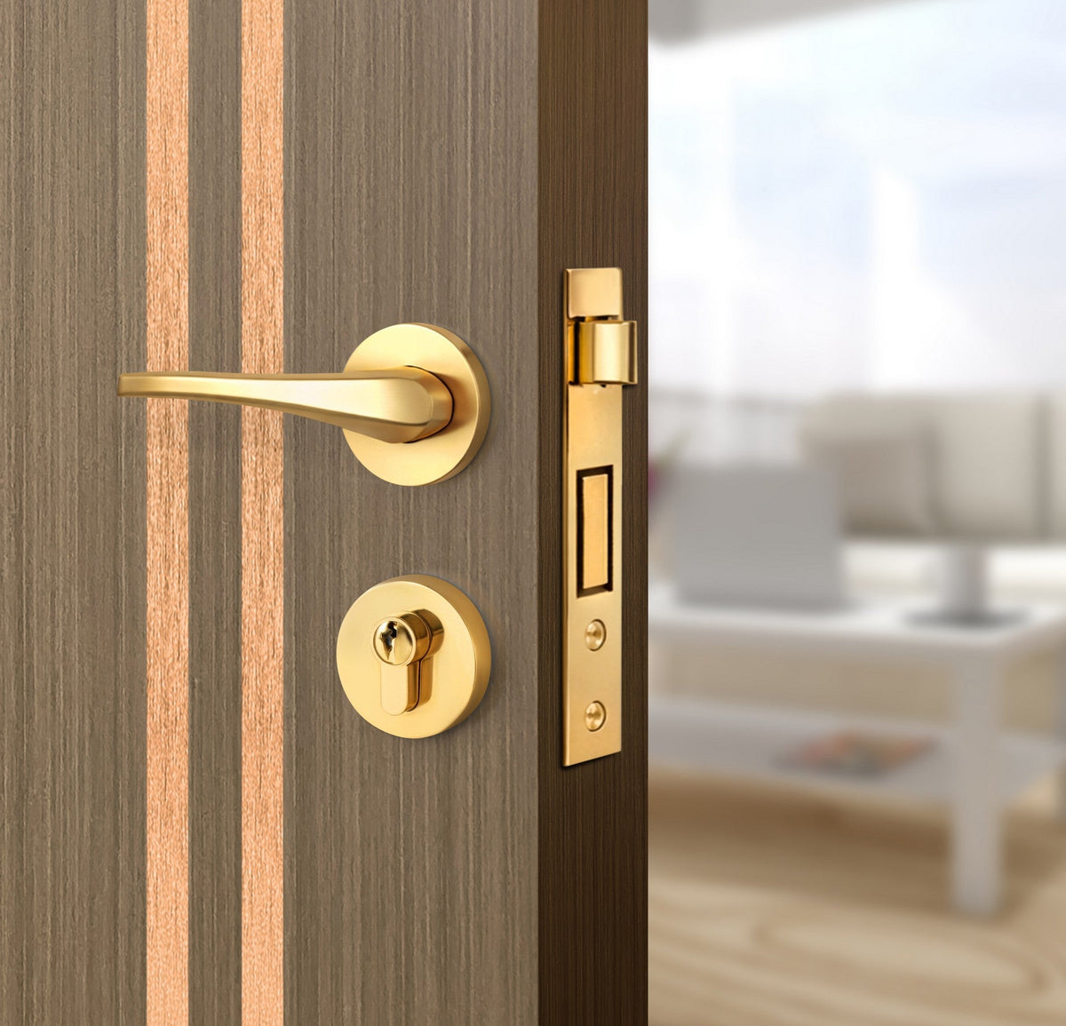 Toasted Walnut Interior Door Slab - Aliyah 2L Inlay Design in Brushed Rose Gold epoxy, angled view