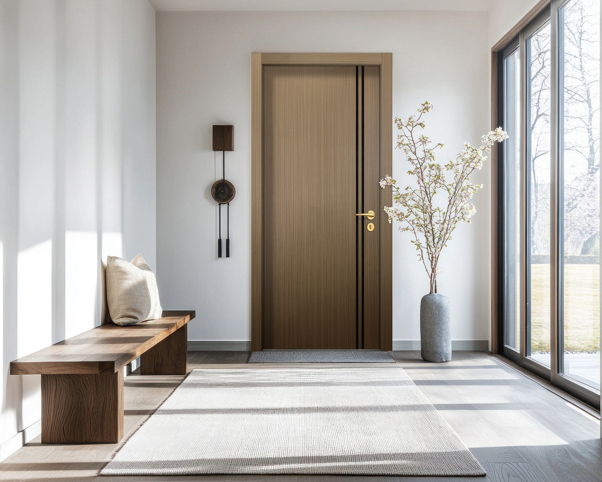 Toasted Walnut Interior Door Slab - Aliyah 2L Inlay Design in Glossy Black epoxy, detail view