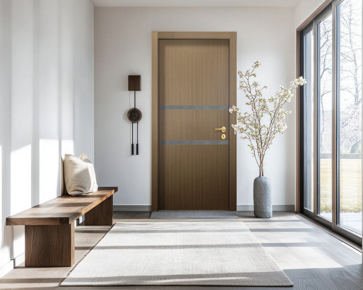 Toasted Walnut Interior Door Slab - Elevar 2N Inlay Design in Gray epoxy, detail view