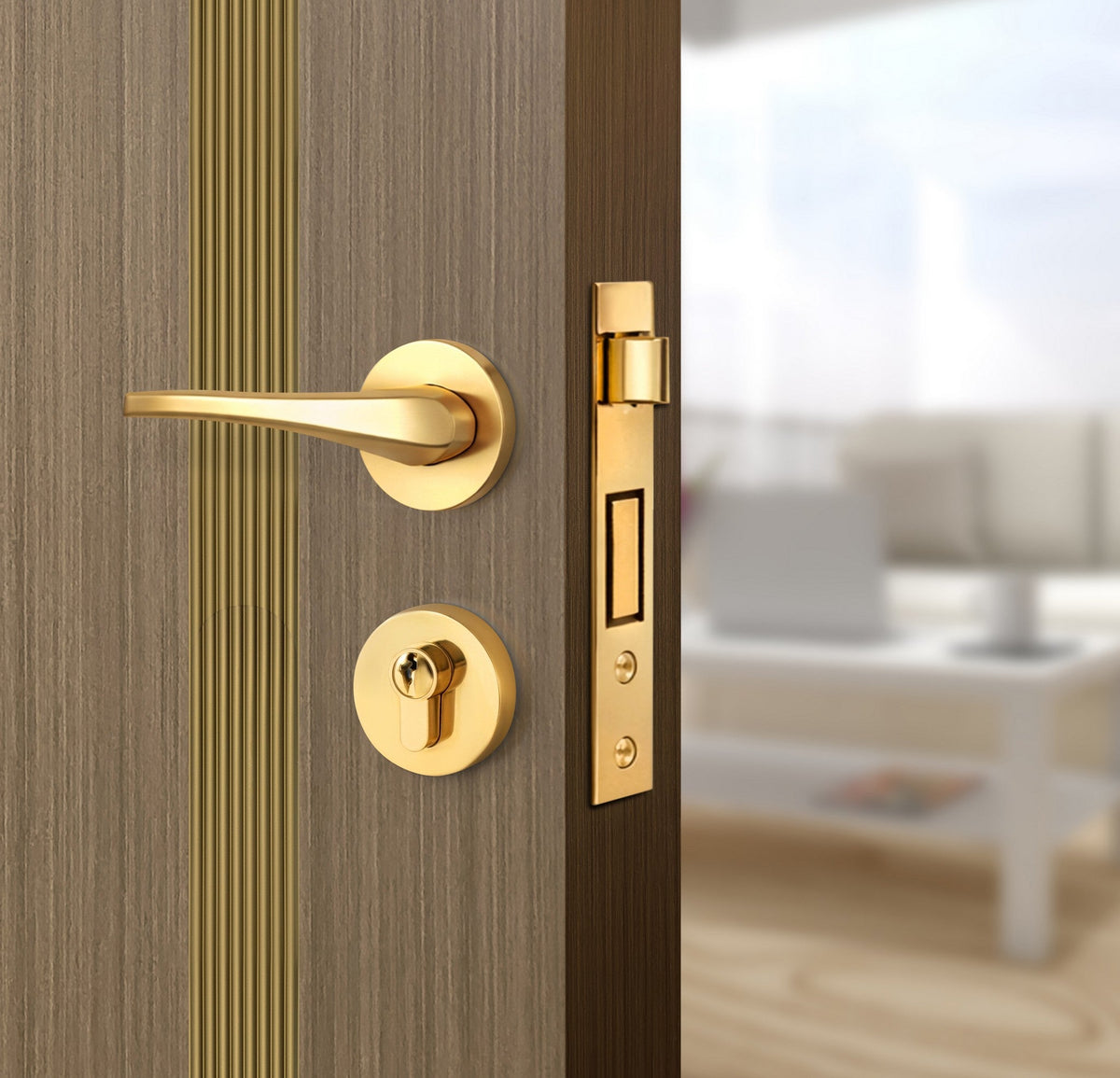 Toasted Walnut Interior Door Slab - Aliyah 1L Inlay Design in Gold epoxy, angled view