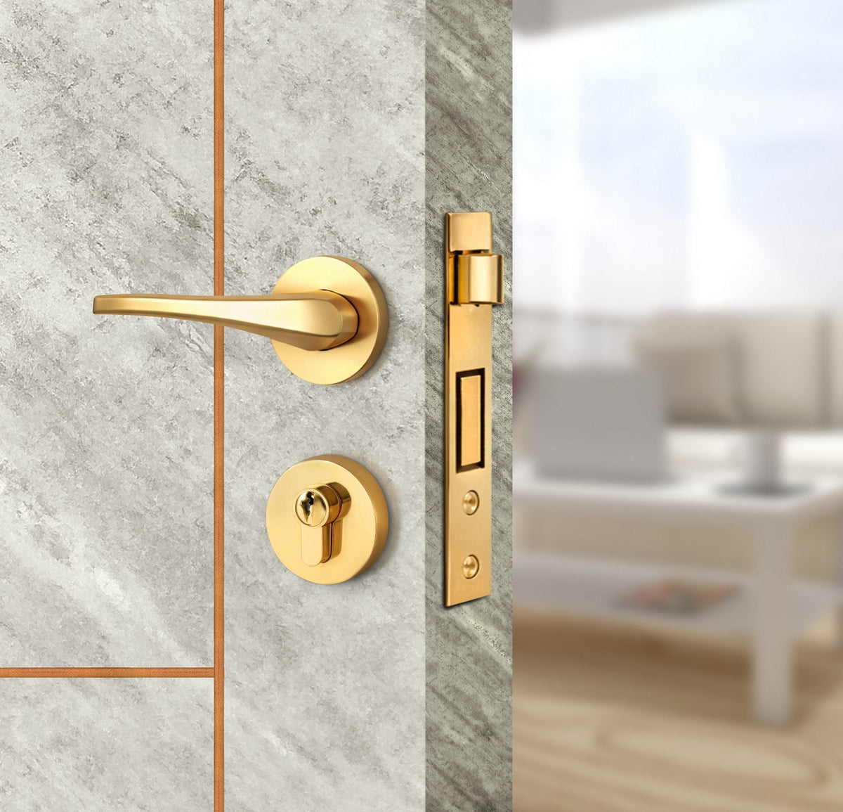 Urban Cement Interior Door Slab - Scala 4 Concave Design in Copper Pearl epoxy, angled view