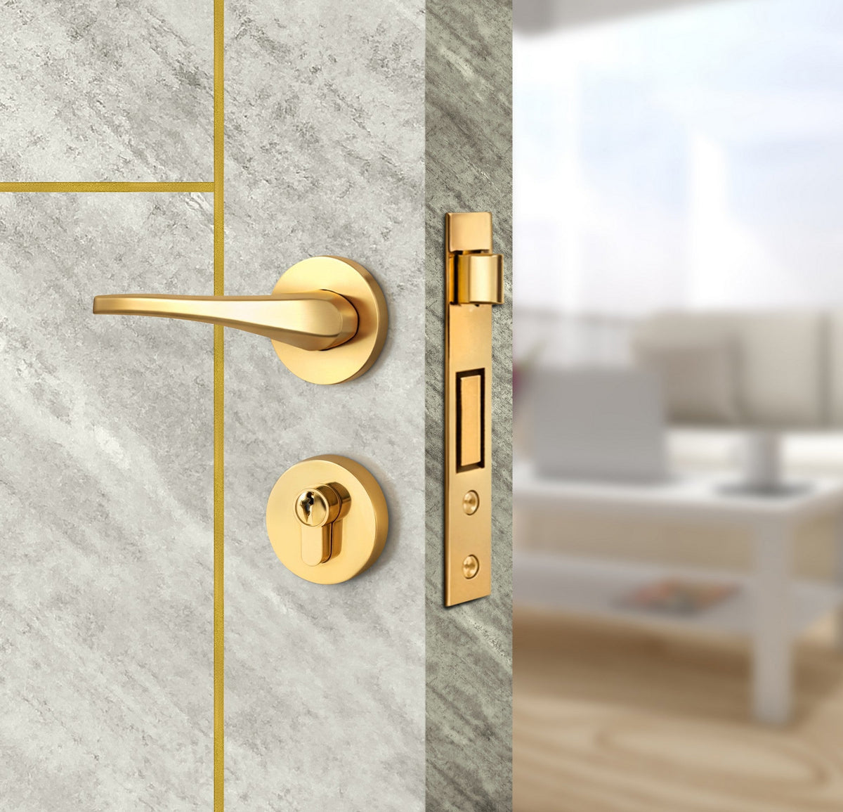 Urban Cement Interior Door Slab - Scala 1 Concave Design in Solar Gold epoxy, angled view