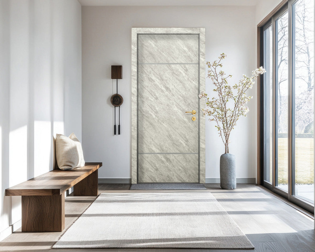 Urban Cement Interior Door Slab - Elevar 2W Inlay Design in Satin Silver epoxy, detail view