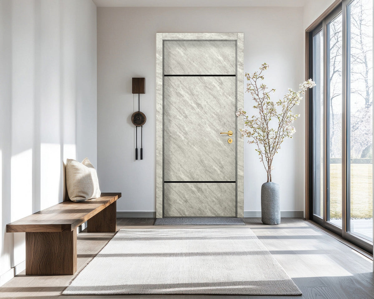 Urban Cement Interior Door Slab - Elevar 2W Inlay Design in Glossy Black epoxy, detail view