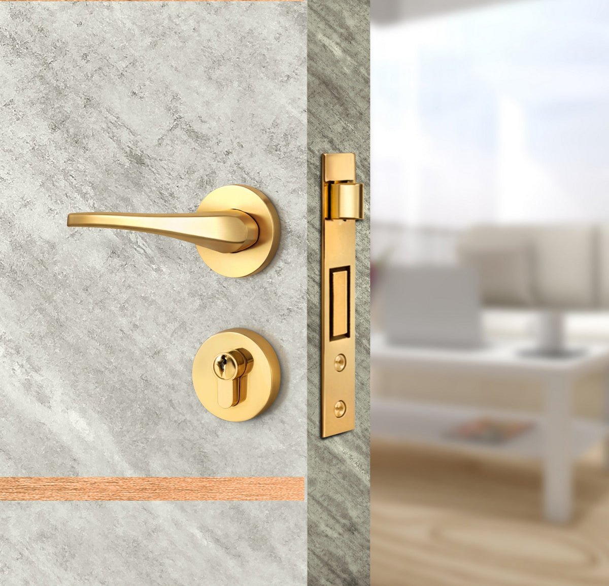 Urban Cement Interior Door Slab - Elevar 4 Inlay Design in Brushed Rose Gold epoxy, angled view