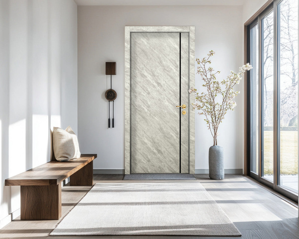 Urban Cement Interior Door Slab - Aliyah 1L Inlay Design in Glossy Black epoxy, detail view