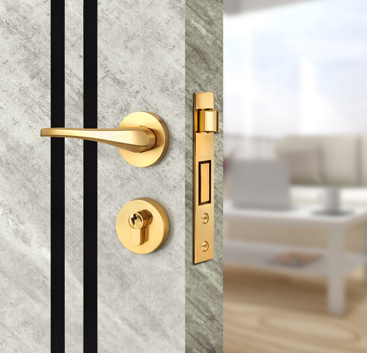 Urban Cement Interior Door Slab - Aliyah 2L Inlay Design in Glossy Black epoxy, angled view