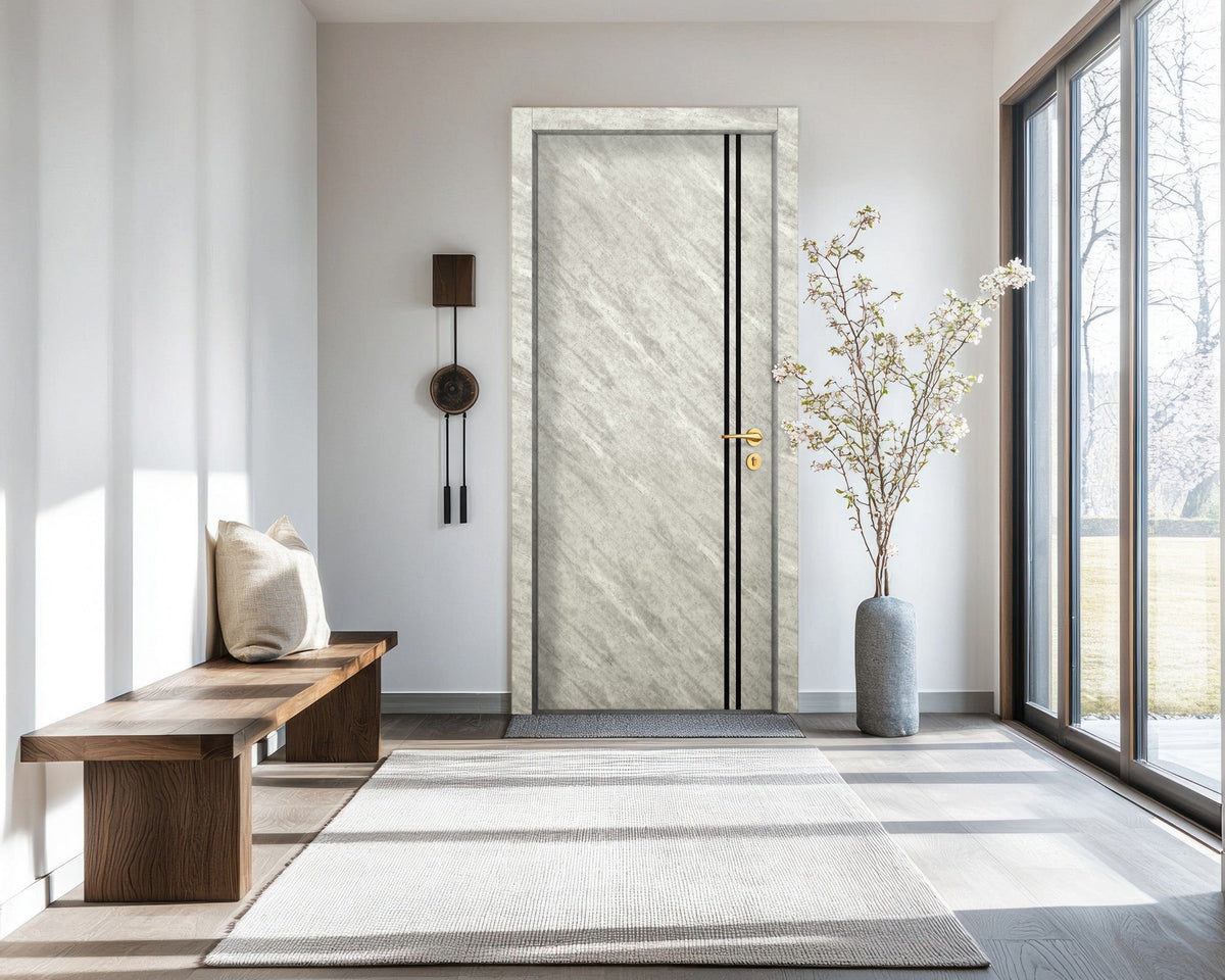 Urban Cement Interior Double Door Slabs - Aliyah 2L Inlay Design in Glossy Black epoxy, detail view