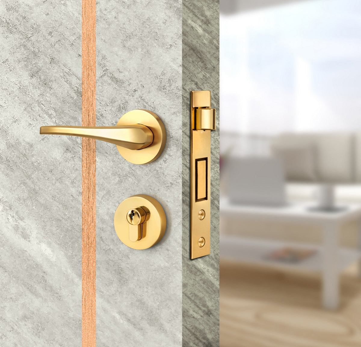 Urban Cement Interior Double Door Slabs - Aliyah 2 Inlay Design in Brushed Rose Gold epoxy, angled view