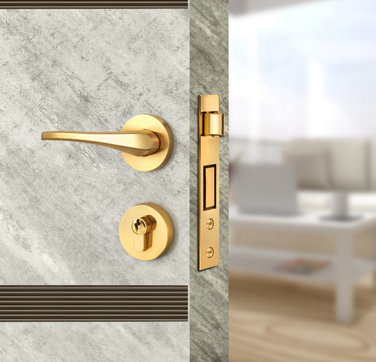 Urban Cement Interior Double Door Slabs - Elevar 2N Inlay Design in Bronze epoxy, angled view