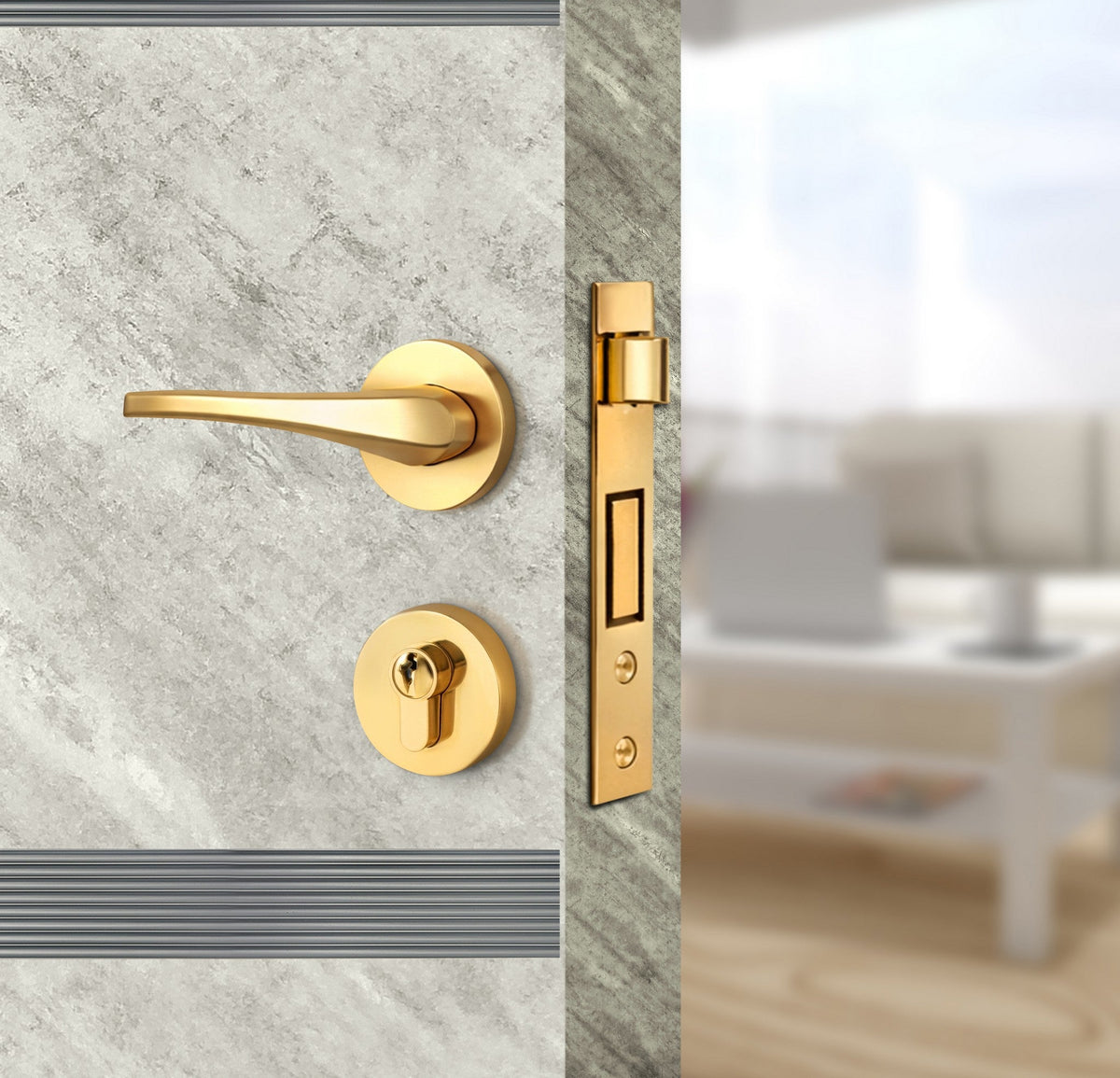 Urban Cement Interior Double Door Slabs - Elevar 2N Inlay Design in Gray epoxy, angled view