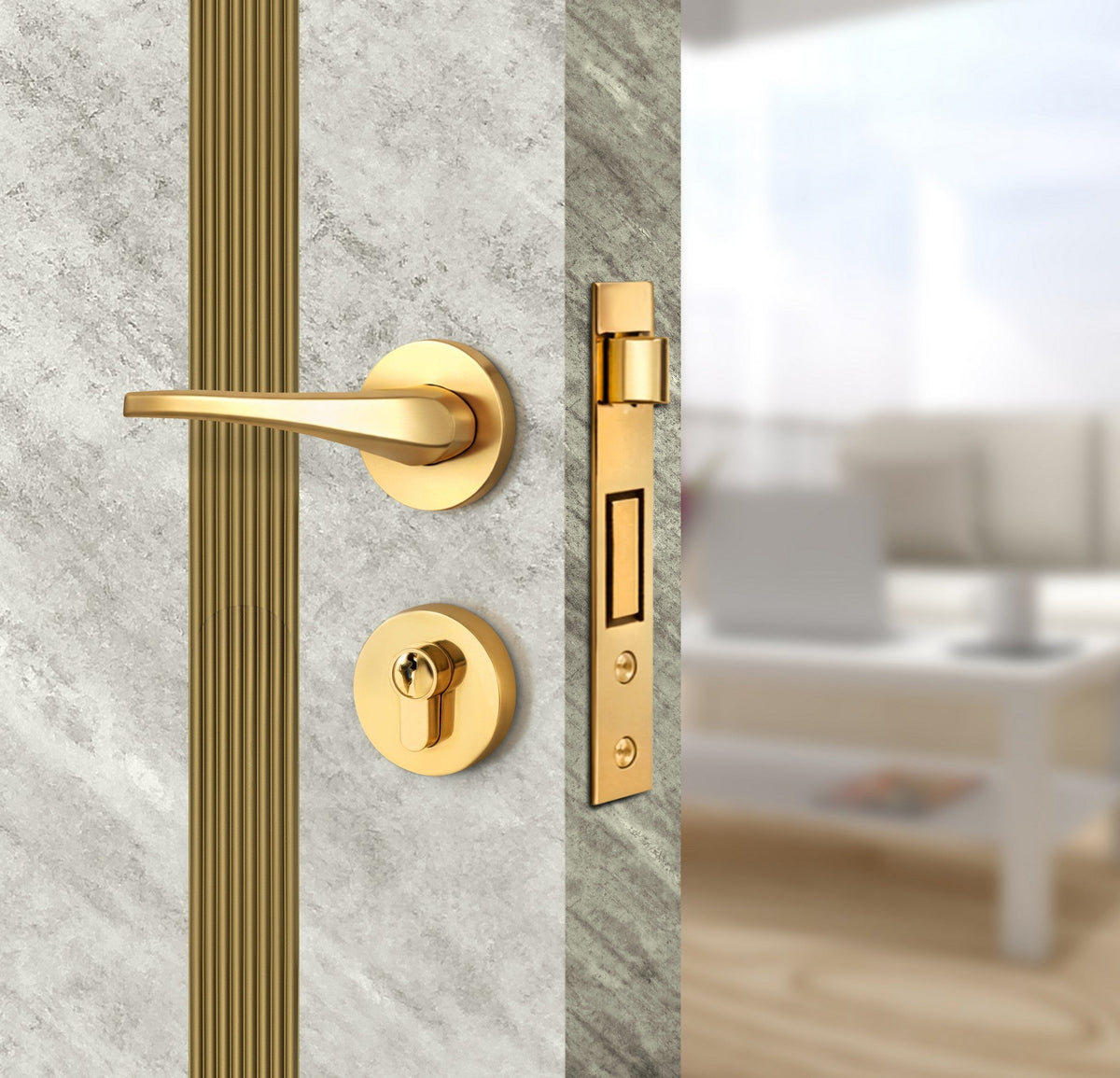 Urban Cement Interior Double Door Slabs - Aliyah 2 Inlay Design in Gold epoxy, angled view